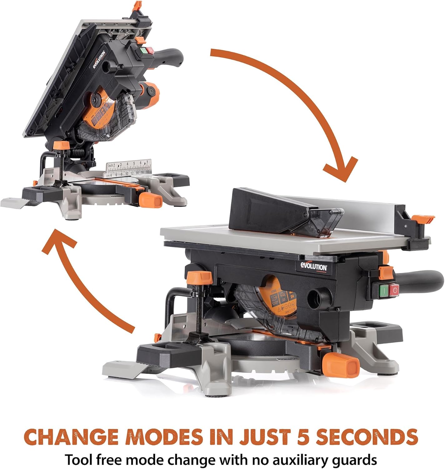 Evolution R8MTS | 8-1/4” Convertible Miter/Table Saw | Multi-Function Saw | 0-45° Bevel & +/- 45° Miter | Multi-Material Cutting: Wood, Plastic, Metal | Compact, Powerful 12A Motor | TCT Blade Incl