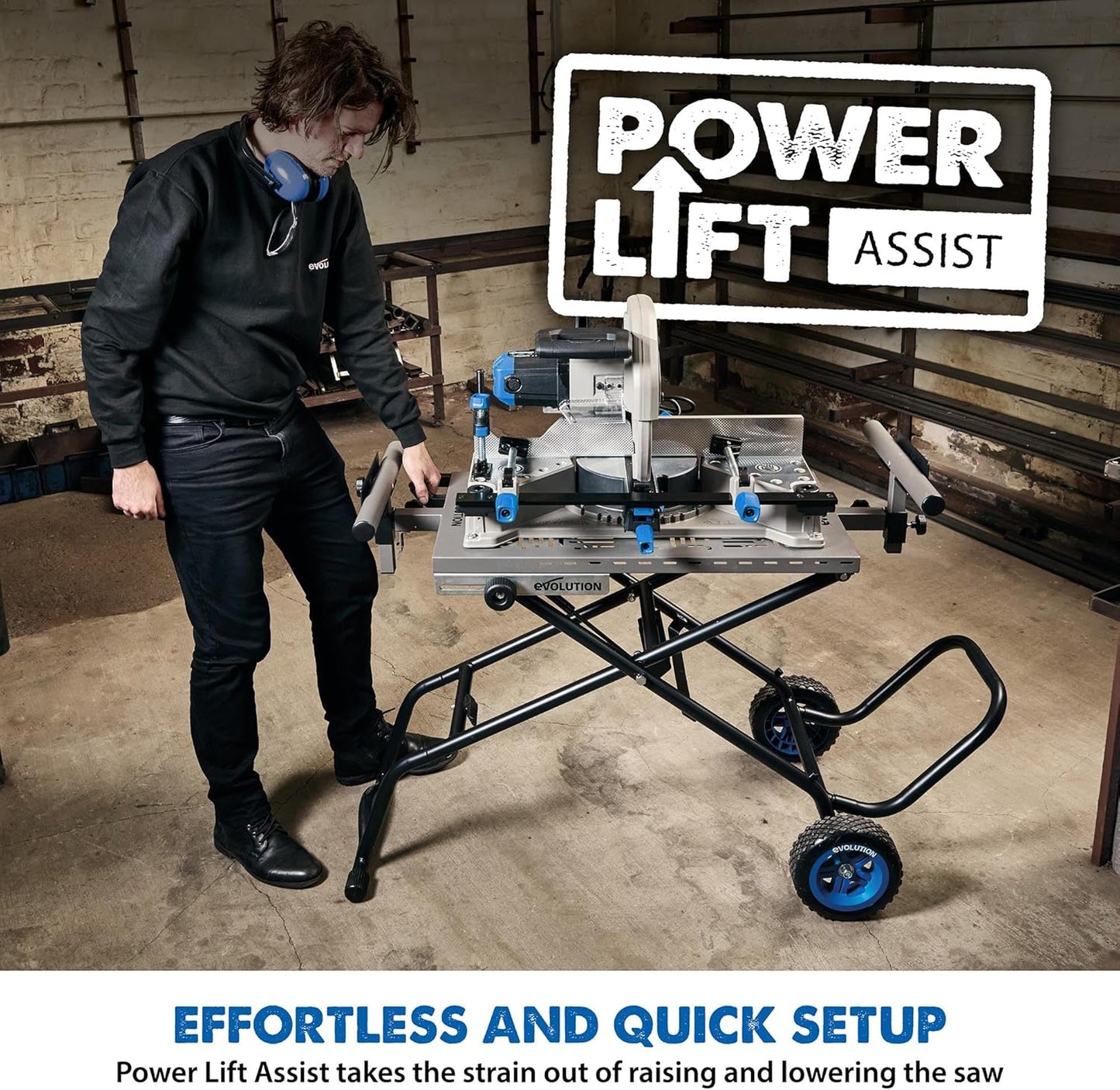 EVOLUTION MCSSTAND | Mitering Chop Saw Stand with Powerlift Assist | Heavy-Duty Steel Frame | All-Terrain Wheels | Compatible S355MCS, S380CPS, S355CPSL, S14CPS, S15CPS | Gas-Strut Lift