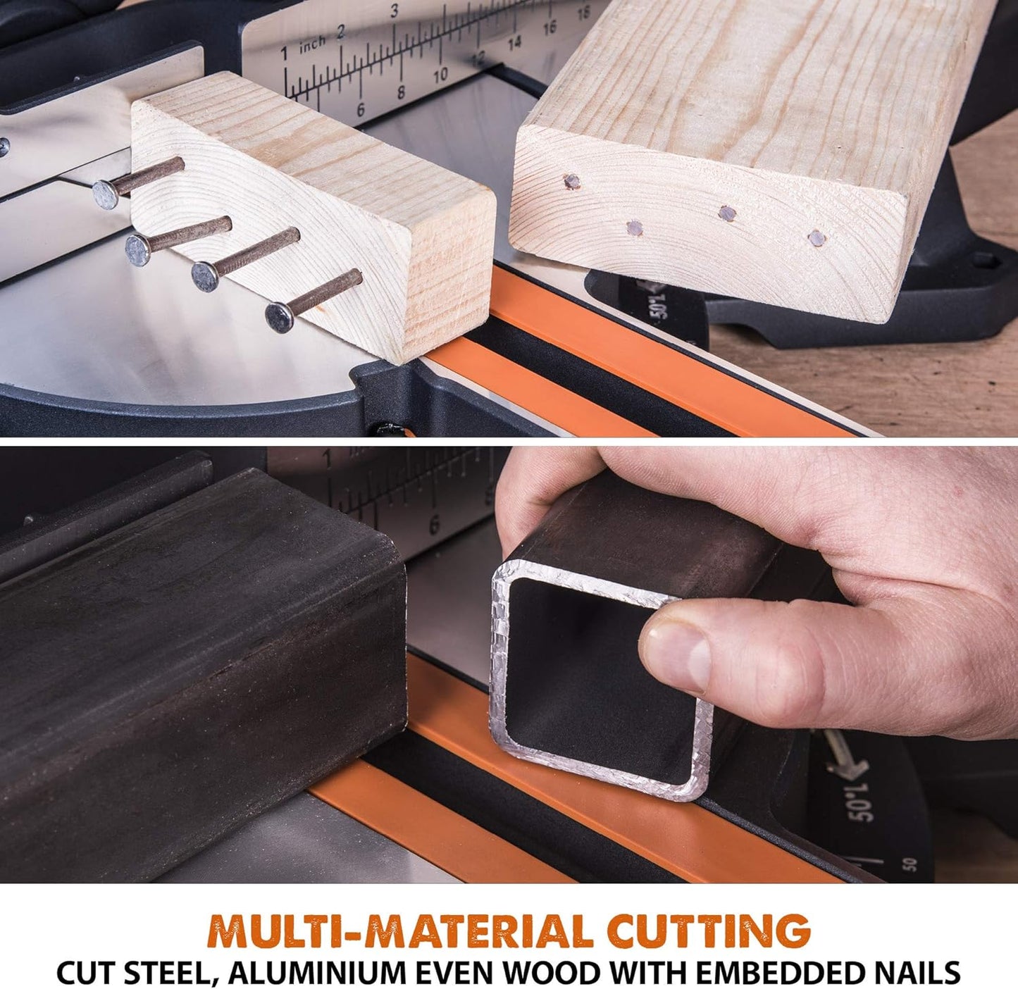 Evolution Power Tools R255SMS+ PLUS 10-Inch Sliding Miter Saw Plus Multi-Material Multi-Purpose Cutting Cuts Metal, Plastic, Wood & More 0˚ - 45˚ Bevel & 50˚ - 50˚ Miter Angles TCT Blade Included