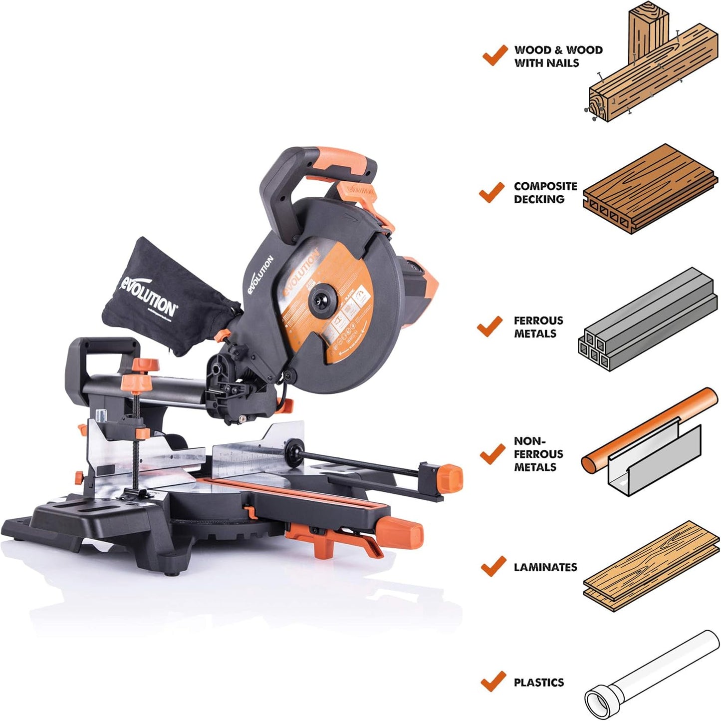 Evolution Power Tools R255SMS+ PLUS 10-Inch Sliding Miter Saw Plus Multi-Material Multi-Purpose Cutting Cuts Metal, Plastic, Wood & More 0˚ - 45˚ Bevel & 50˚ - 50˚ Miter Angles TCT Blade Included