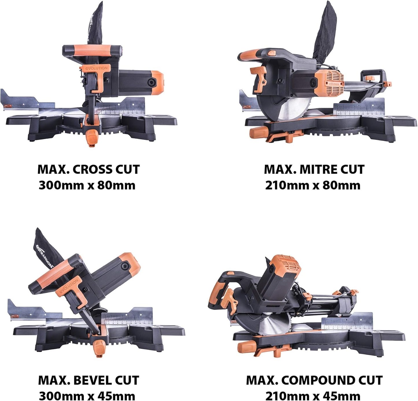 Evolution Power Tools R255SMS+ PLUS 10-Inch Sliding Miter Saw Plus Multi-Material Multi-Purpose Cutting Cuts Metal, Plastic, Wood & More 0˚ - 45˚ Bevel & 50˚ - 50˚ Miter Angles TCT Blade Included