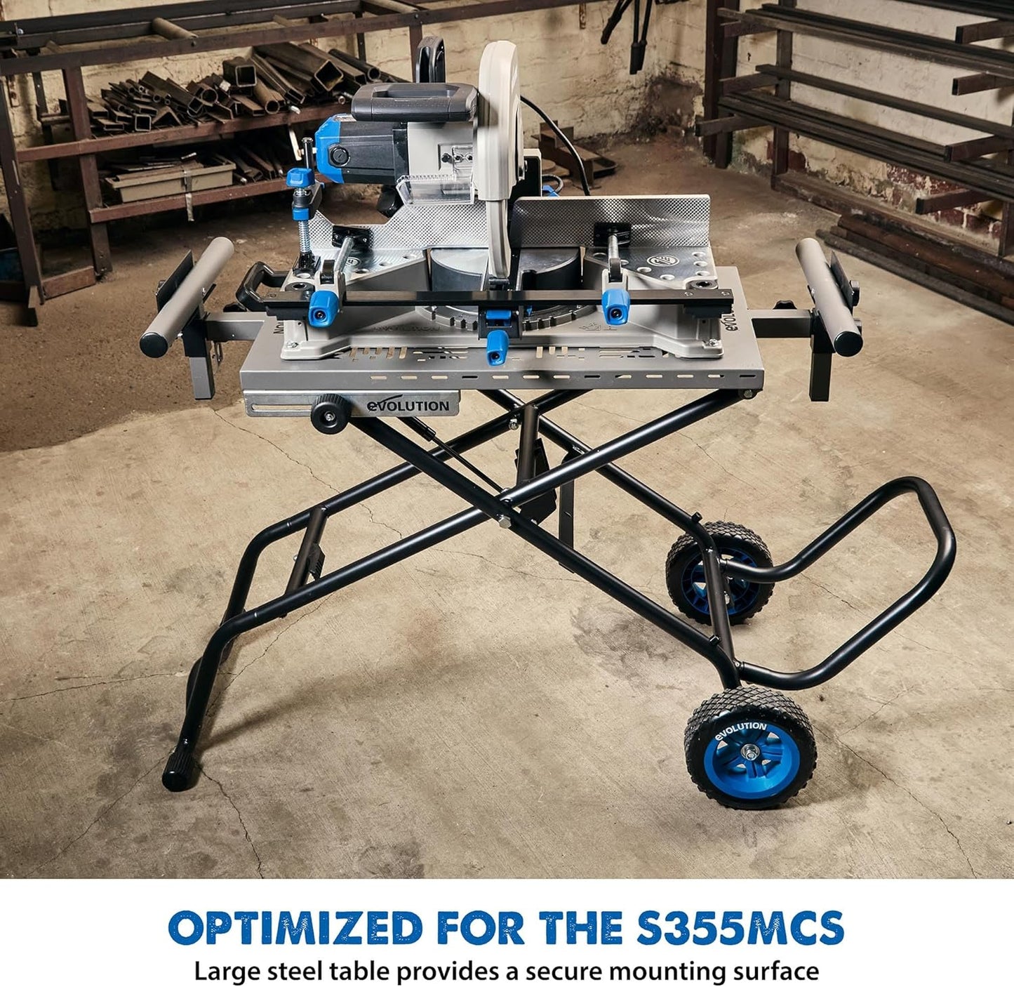 EVOLUTION MCSSTAND | Mitering Chop Saw Stand with Powerlift Assist | Heavy-Duty Steel Frame | All-Terrain Wheels | Compatible S355MCS, S380CPS, S355CPSL, S14CPS, S15CPS | Gas-Strut Lift