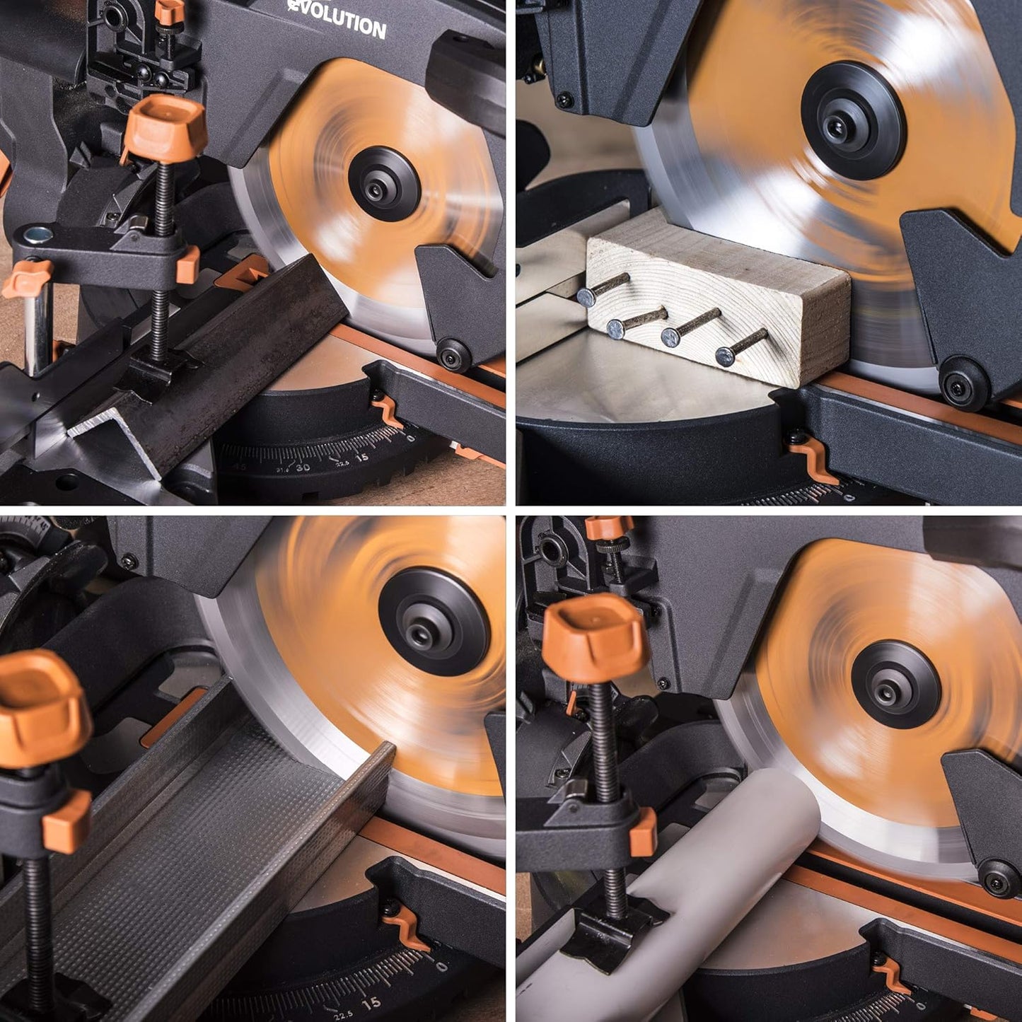 Evolution Power Tools R255SMS+ PLUS 10-Inch Sliding Miter Saw Plus Multi-Material Multi-Purpose Cutting Cuts Metal, Plastic, Wood & More 0˚ - 45˚ Bevel & 50˚ - 50˚ Miter Angles TCT Blade Included